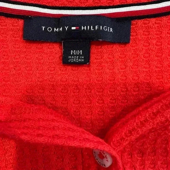 Tommy Hilfiger Waffle Red Cardigan Sweater Size M Long Sleeves V-neck oversized - Picture 7 of 10